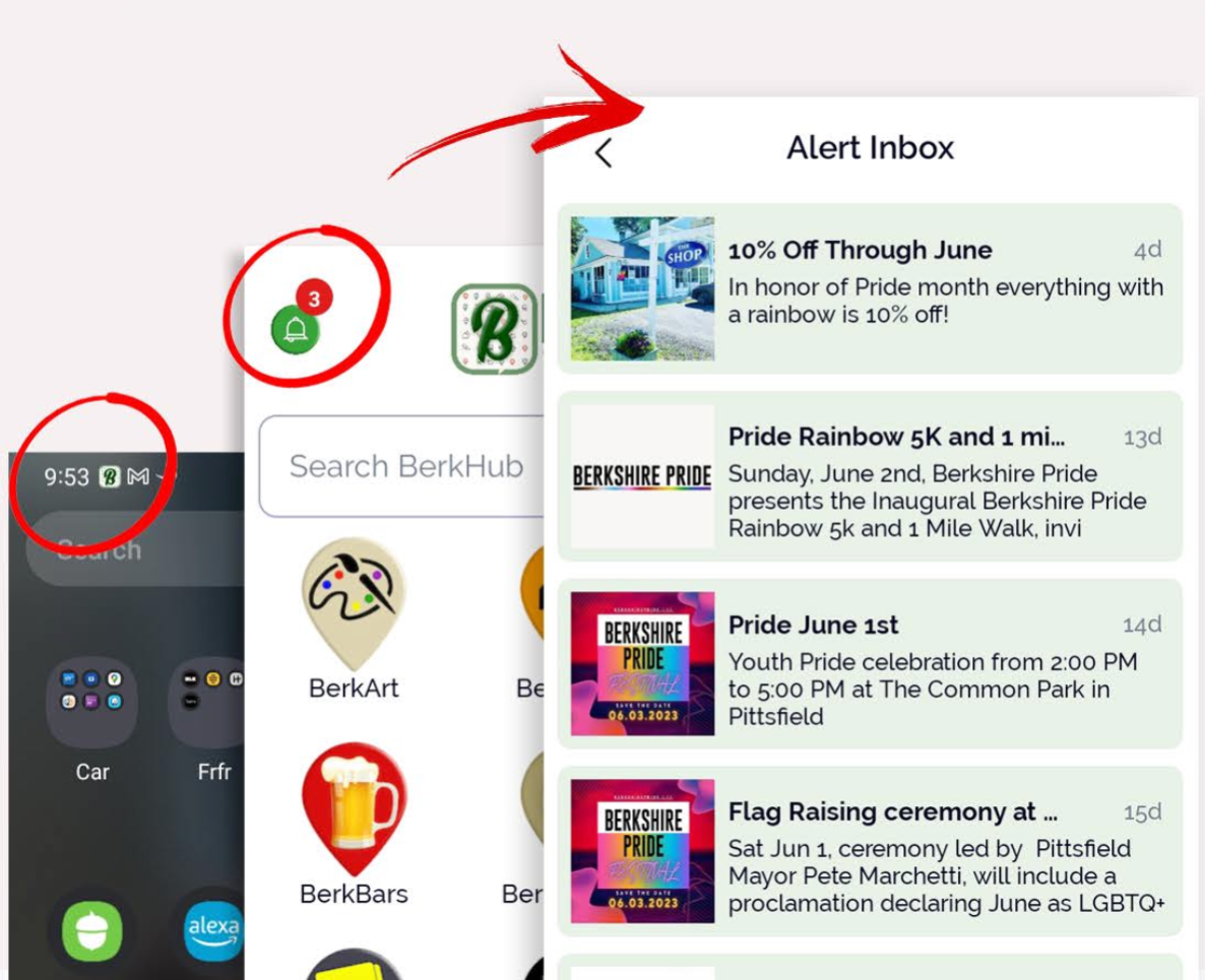 BerkHub App interface showing curated events and travel tips for the Berkshires